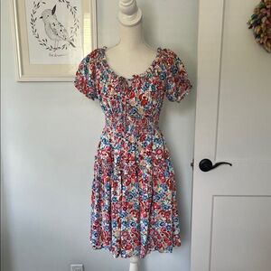 J. Crew Red and Blue Floral Midi Dress